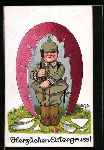 Künstler-AK P. O. Engelhard (P.O.E.): Kind als Soldat gekleidet in einem Osterei