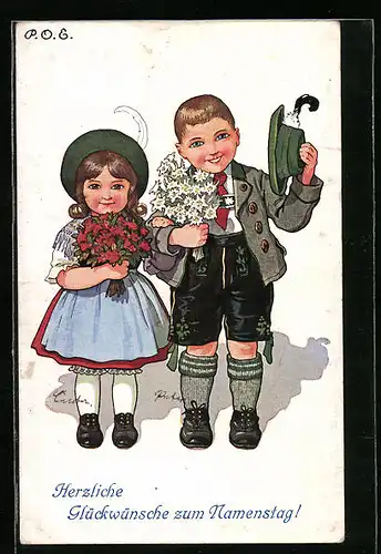 Künstler-AK P. O. Engelhard (P.O.E.): Zwei Kinder mit Blumen, Namenstag