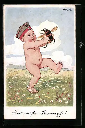 Künstler-AK P. O. Engelhard (P.O.E.): Kleinkind ohne Kleidung mit grosser Biene