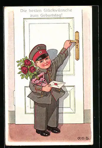 Künstler-AK P. O. Engelhard (P.O.E.): Kind in Uniform mit Blumen und Brief