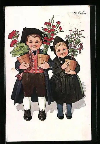 Künstler-AK P. O. Engelhard (P.O.E.): Kinder mit Blumentöpfen