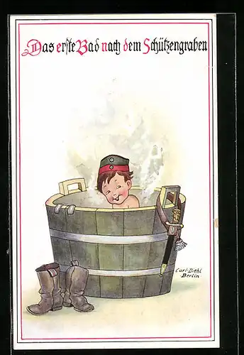 Künstler-AK Carl Diehl: Das erste Bad nach dem Schützengraben, Kind mit Soldatenuniform