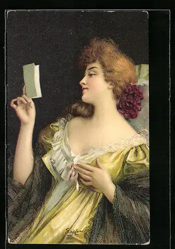 Künstler-AK Delphin Enjolras: Dame liest einen Brief