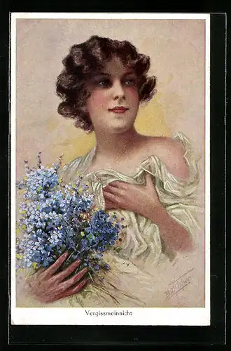 Künstler-AK Bill Fisher: Dame mit Vergissmeinnicht