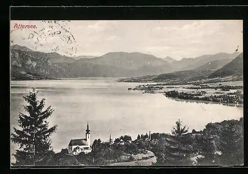 AK Attersee, Blick über den See zum Gebirge