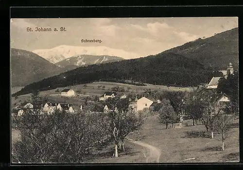 AK St. Johann a. St., Ortsansicht mit Schneeberg