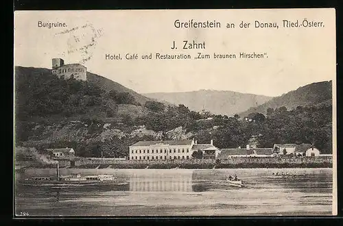 AK Greifenstein /Donau, Hotel-Cafe-Restauration Zum braunen Hirschen und Burgruine