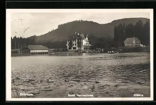 AK Erlafsee, Hotel Herrenhaus vom Wasser gesehen