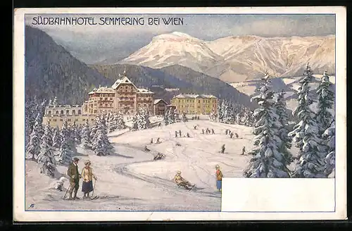 Künstler-AK Semmering, Südbahnhotel im Winter