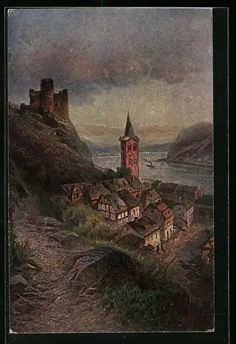 Künstler-AK St. Goarshausen, Blick auf die Burg Maus