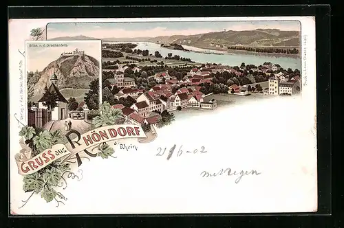 Lithographie Rhöndorf, Ortsansicht und Drachenfels