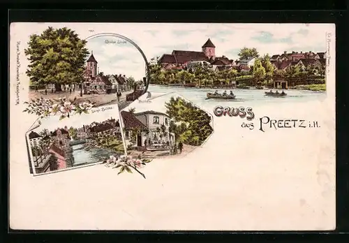 Lithographie Preetz i. H., Grosse Linde, Lange Brücke, Weinberg