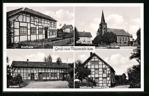 AK Mützenich /Eifel, Gasthaus Ochsenweide, Kirche, Konsum