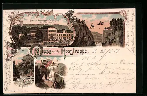 Lithographie Thale, Hotel zur Rosstrappe mit Winzenburg, Teufelsbrücke, Paar schaut ins Tal
