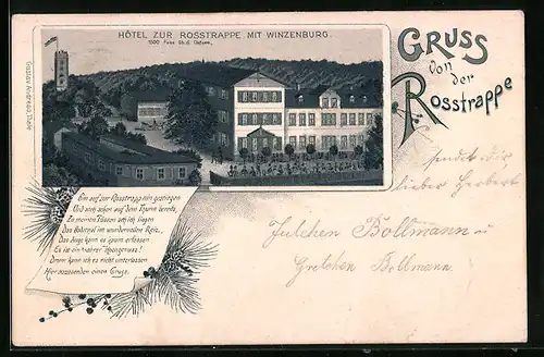 Lithographie Thale, Hotel zur Rosstrappe mit Winzenburg