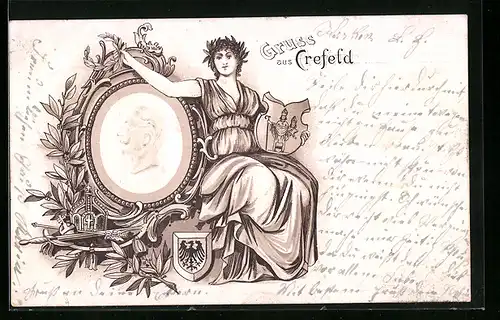 Lithographie Crefeld, Frau mit Wappenschild und Porträt Kaiser Wilhelm II.