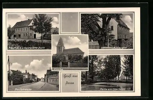 AK Nessa, Kaufhaus und Gasthaus Dorn, Dorfstrasse, Rittergut, Kirche