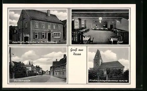 AK Nessa, Gasthof u. Fleischerei Kurt Rossberg, Dorfstrasse, Kirche und Kriegerdenkmal