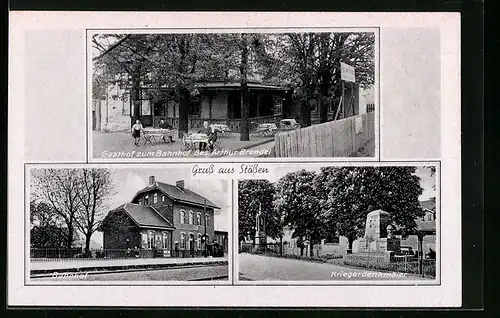 AK Stössen, Gasthof zum Bahnhof, Bes.: Arthur Brendel, Bahnhof, Kriegerdenkmäler