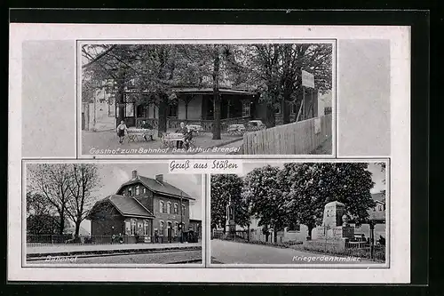 AK Stössen, Gasthof zum Bahnhof, Bes.: Arthur Brendel, Bahnhof, Kriegerdenkmäler