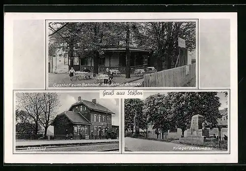 AK Stössen, Gasthof zum Bahnhof, Bes.: Arthur Brendel, Bahnhof, Kriegerdenkmäler