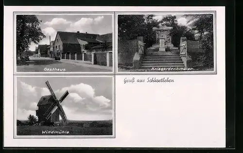 AK Schkortleben, Gasthaus, Kriegerdenkmäler, Windmühle