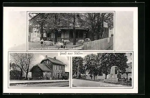 AK Stössen, Gasthof zum Bahnhof, Bes.: Arthur Brendel, Bahnhof, Kriegerdenkmäler