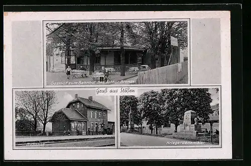 AK Stössen, Gasthof zum Bahnhof, Bes.: Arthur Brendel, Bahnhof, Kriegerdenkmäler