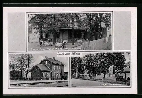 AK Stössen, Bahnhof, Gasthof zum Bahnhof, Bes.: Arthur Brendel, Kriegerdenkmäler