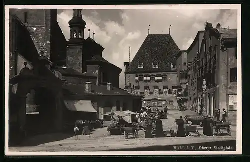 AK Hall, Oberer Stadtplatz mit Marktständen