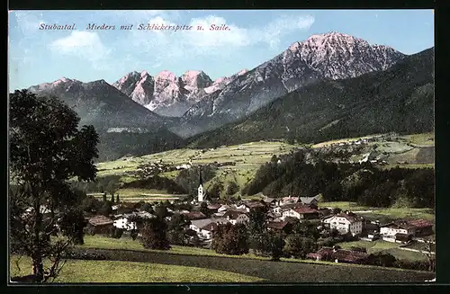 AK Mieders /Stubaital, Ortsansicht mit Schlickerspitze und Saile