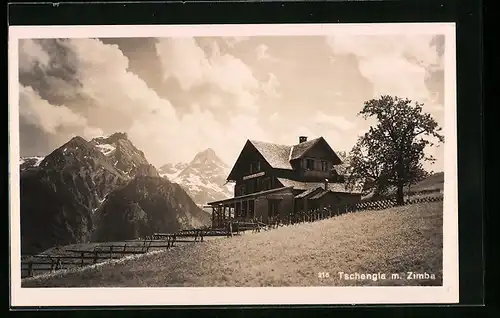 AK Tschengla, Ortspartie mit Gasthaus und Zimba