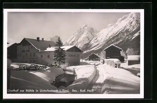 AK Unterleutasch, Gasthof zur Mühle im Schnee