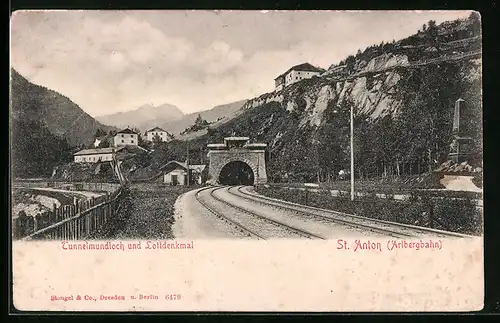 AK St. Anton /Arlbergbahn, Tunnelmundloch und Lottdenkmal