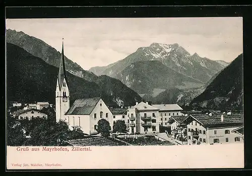 AK Mayrhofen /Zillertal, Ortspartie mit Kirche