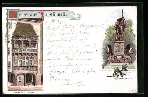 Lithographie Innsbruck, Gasthaus Goldenes Dachel, Hofer-Denkmal