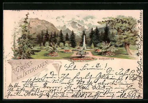 Lithographie Interlaken, Kurgarten mit Bergkulisse