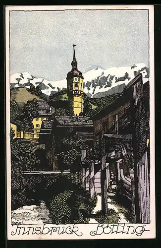 Künstler-AK Innsbruck-Hötting, Ortspartie mit Kirche