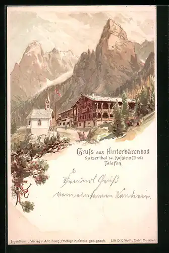 Lithographie Hinterbärenbad bei Kufstein, Hotel Hinterbärenbad im Kaisertal