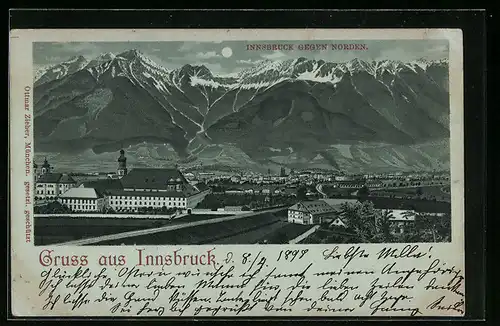 Mondschein-Lithographie Innsbruck, Ortsansicht gegen Norden