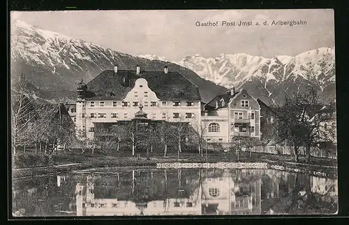 AK Imst a. d. Arlbergbahn, Gasthof Post mit Bergpanorama