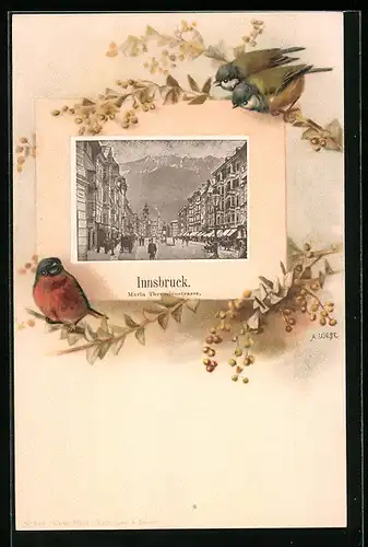 Passepartout-Lithographie Innsbruck, Maria Theresienstrasse, zwitschernde Vögel