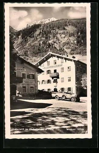 AK Neustift im Stubaital, Gasthof Salzburgerhof mit Bergpanorama