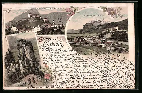 Lithographie Kufstein, Ortsansicht vom Kalvarienberg, Teufelskanzel