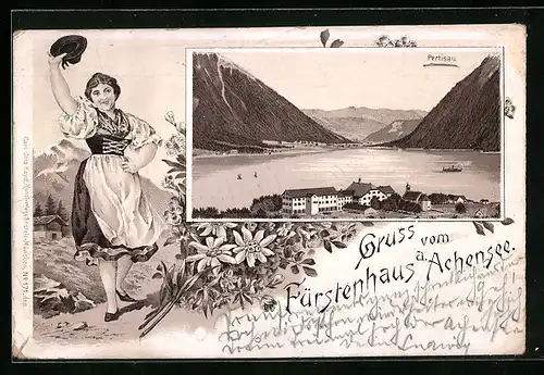 Lithographie Pertisau, Fürstenhaus mit Blick über den Achensee, Tiroler Tracht