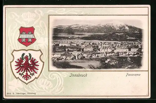 Präge-AK Innsbruck, Panoramablick auf die Stadt, Wappen