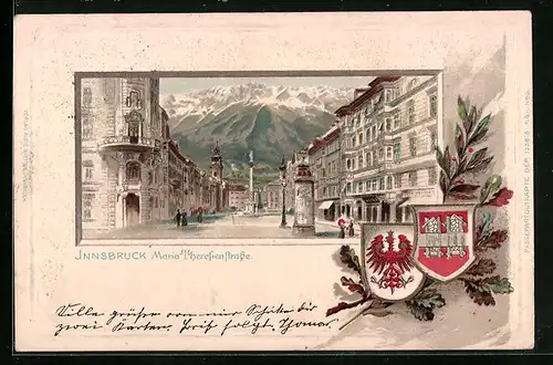 Lithographie Innsbruck, Marie Theresienstrasse, Litfasssäule
