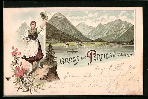 Lithographie Pertisau am Achensee, Ortsansicht vom See aus, Mädchen in Tracht