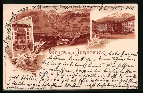 Lithographie Innsbruck, Goldenes Dachl, Margarethenplatz, Totalansicht gegen Norden