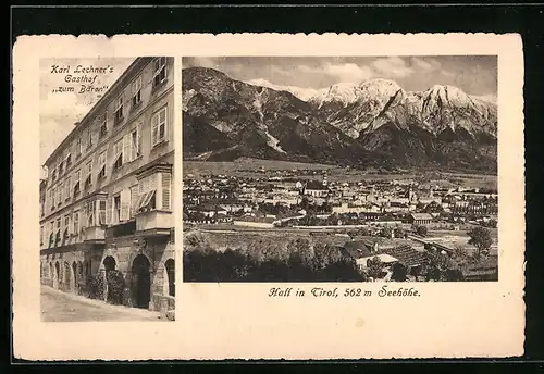 AK Hall, Karl Lechners Gasthof zum Bären, Ortsansicht gegen die Alpen